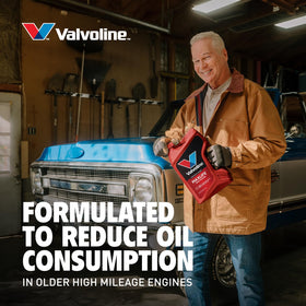 Mechanic pouring Valvoline MaxLife in a garage to highlight high-mileage engine care