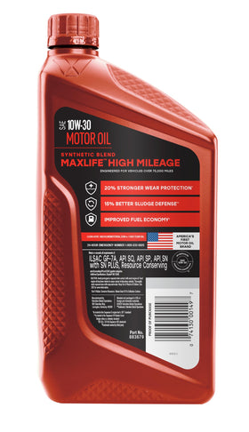 Close-up of Valvoline MaxLife label highlighting high-mileage benefits and specs
