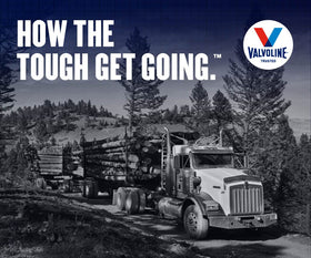 Valvoline bottle near heavy-duty truck illustrating fleet use benefits