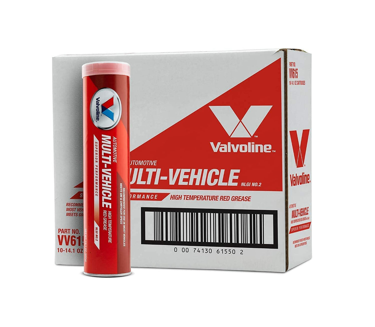 Valvoline red grease cartridge front view showing label and cartridge benefit