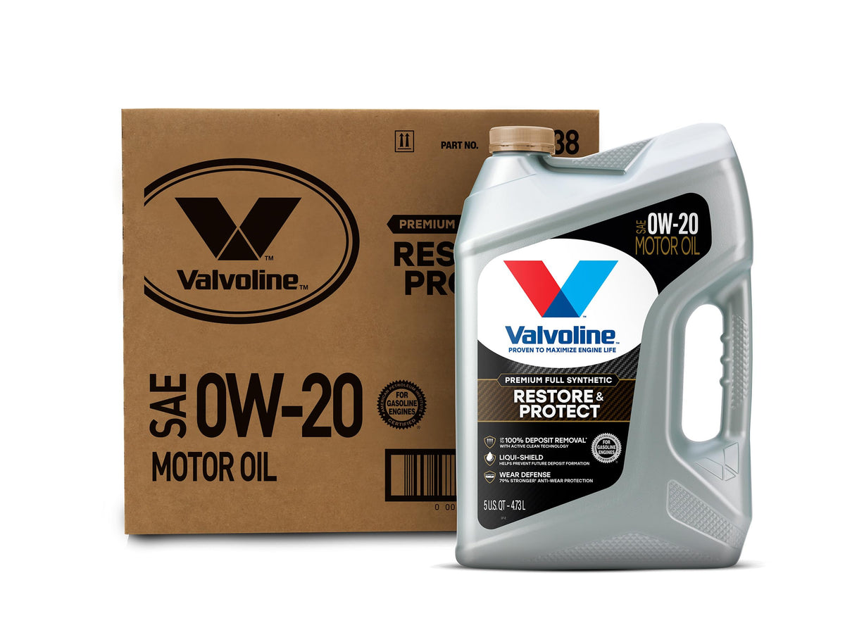 Valvoline Restore & Protect front packaging showing bottle and case, highlights convenience