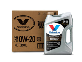Valvoline Restore & Protect front packaging showing bottle and case, highlights convenience