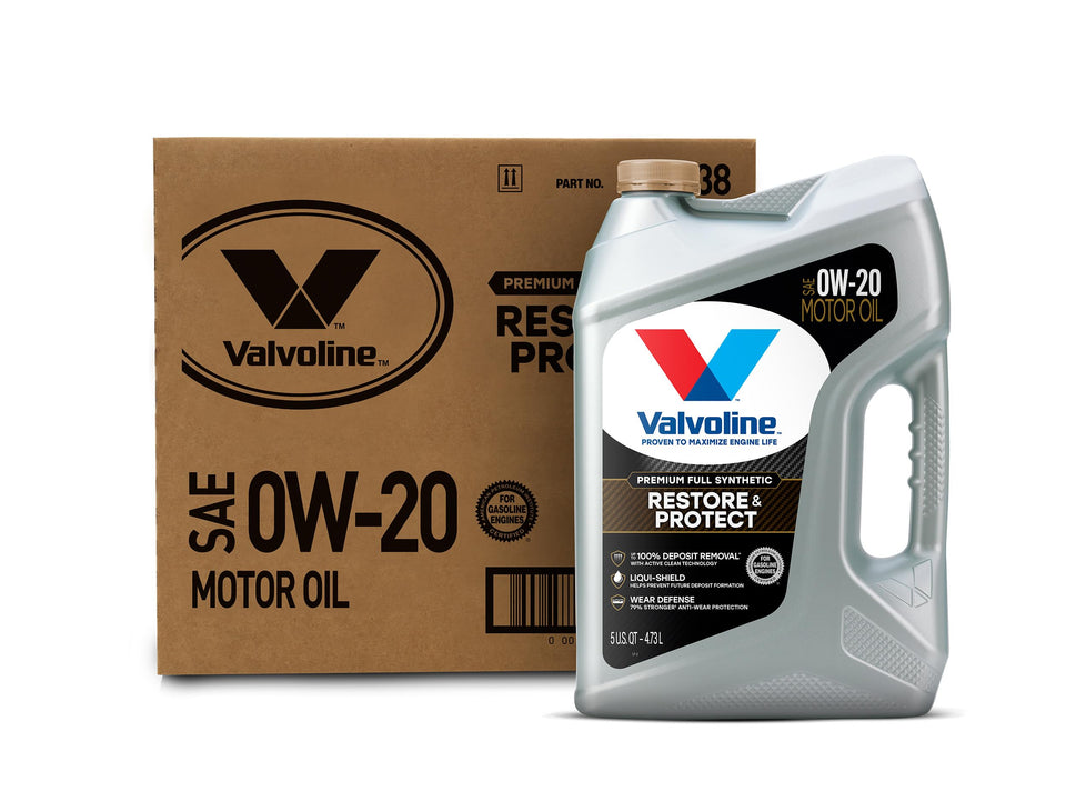 Valvoline Restore & Protect front packaging showing bottle and case, highlights convenience