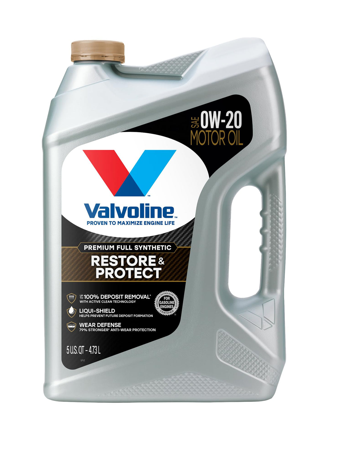Close-up of Valvoline Restore & Protect label with specs, communicates certified performance