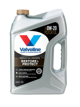 Close-up of Valvoline Restore & Protect label with specs, communicates certified performance