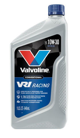 Close-up of Valvoline VR1 label highlighting high-zinc formulation and benefits