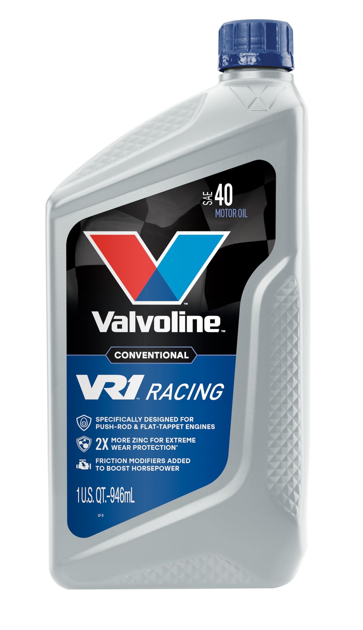Valvoline VR1 angled bottle highlighting durable plastic and easy pour benefit