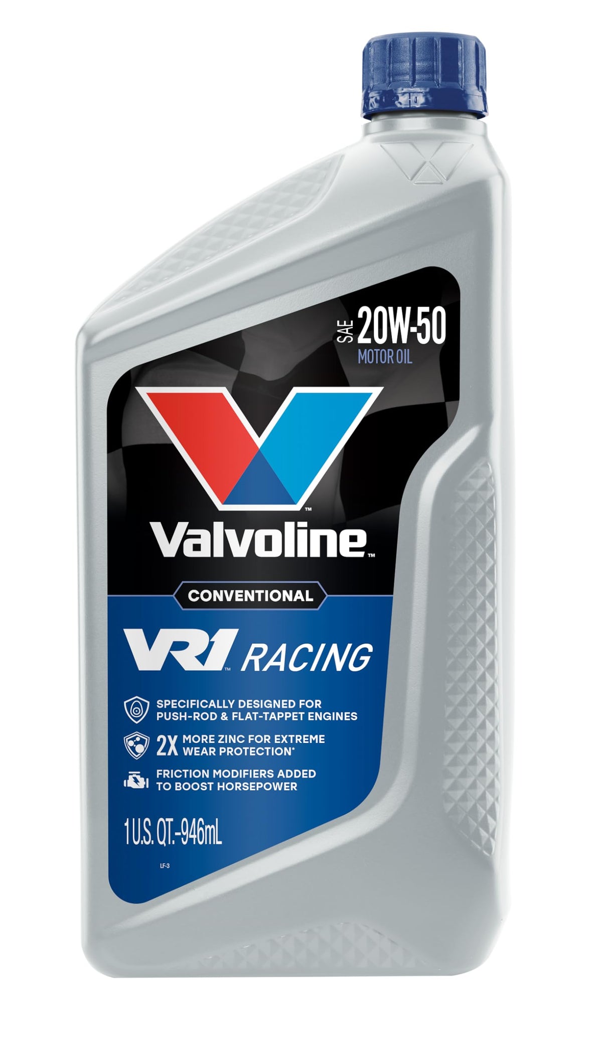 Close-up of Valvoline VR1 label highlighting 20W-50 and race-grade zinc protection benefit
