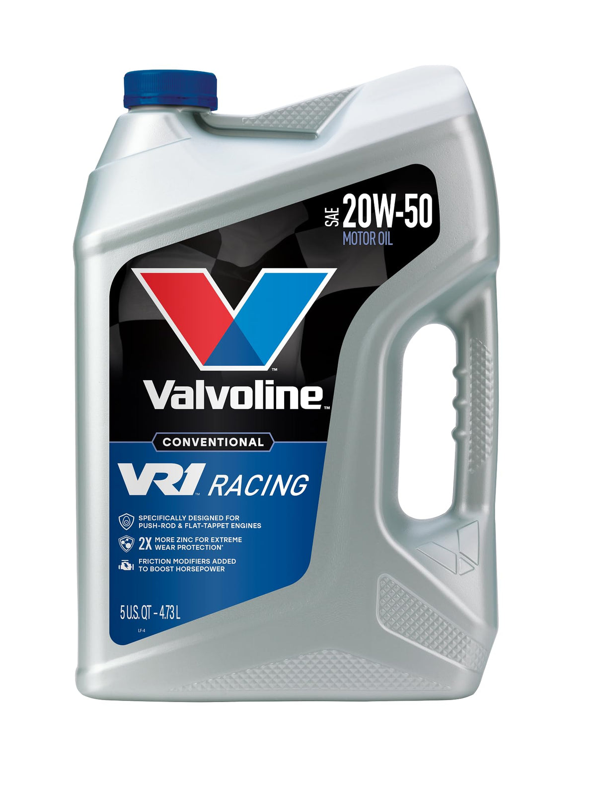 Valvoline VR1 front bottle view showing 5 qt packaging and performance focus