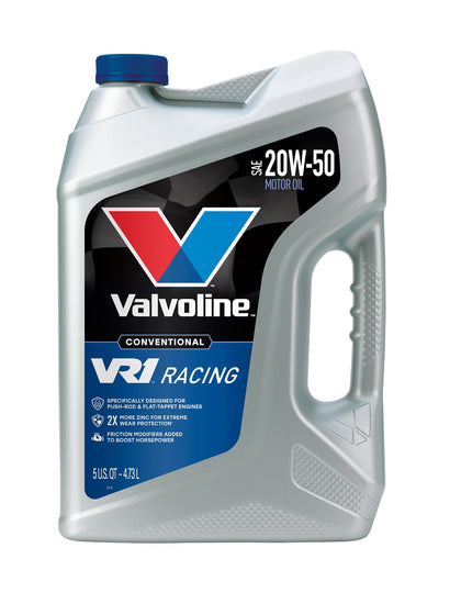 Valvoline VR1 front bottle view showing 5 qt packaging and performance focus