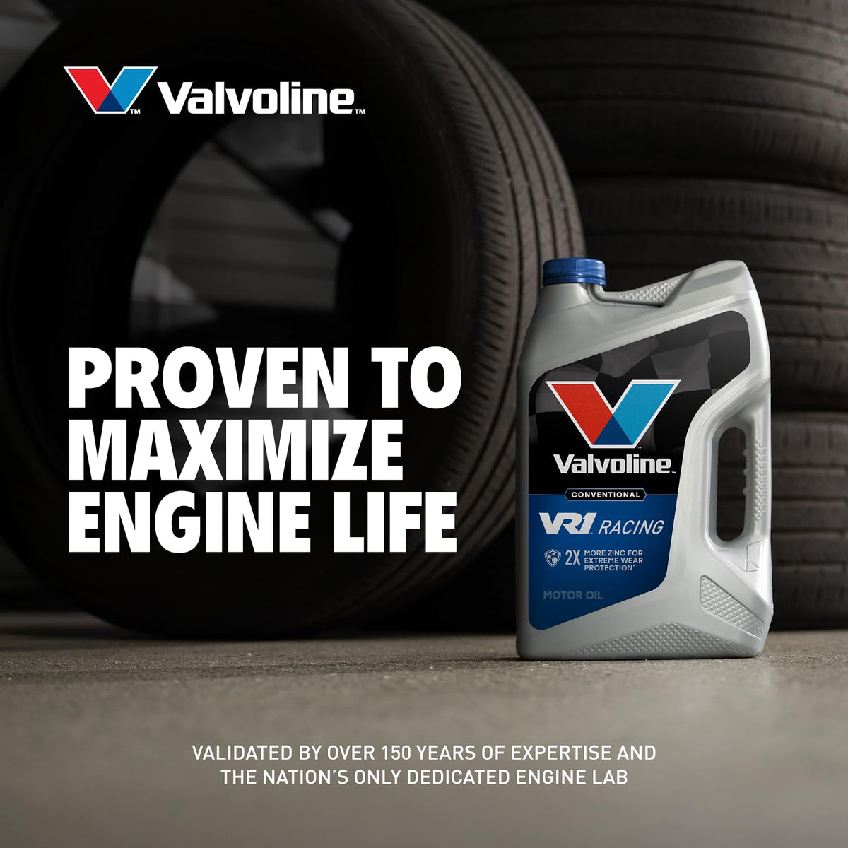 Valvoline VR1 on a race paddock table with car in background showing track-ready use