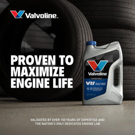 Valvoline VR1 on a race paddock table with car in background showing track-ready use