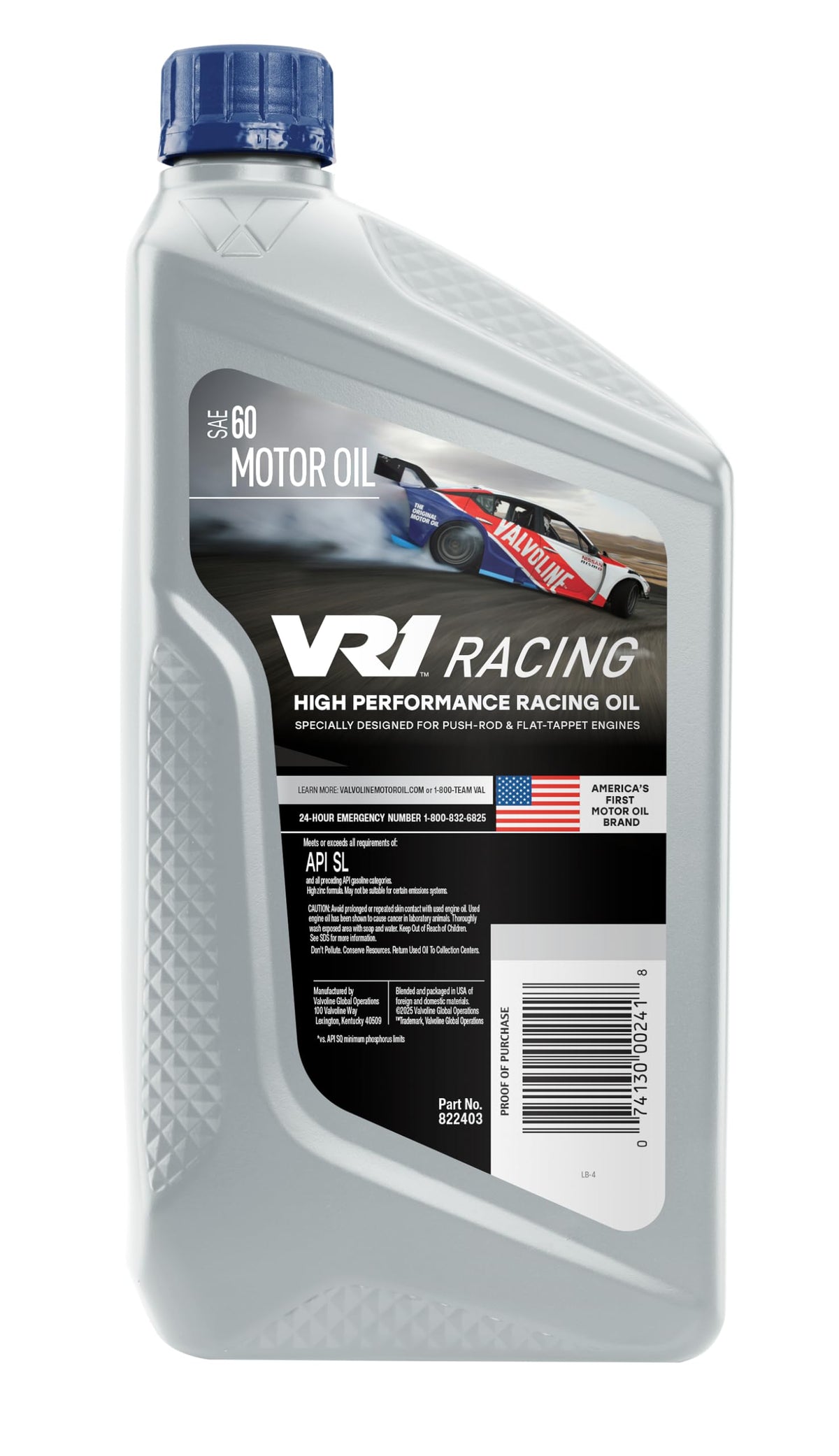 Valvoline VR1 pouring into a funnel demonstrating quick pit-side refills and clean pour