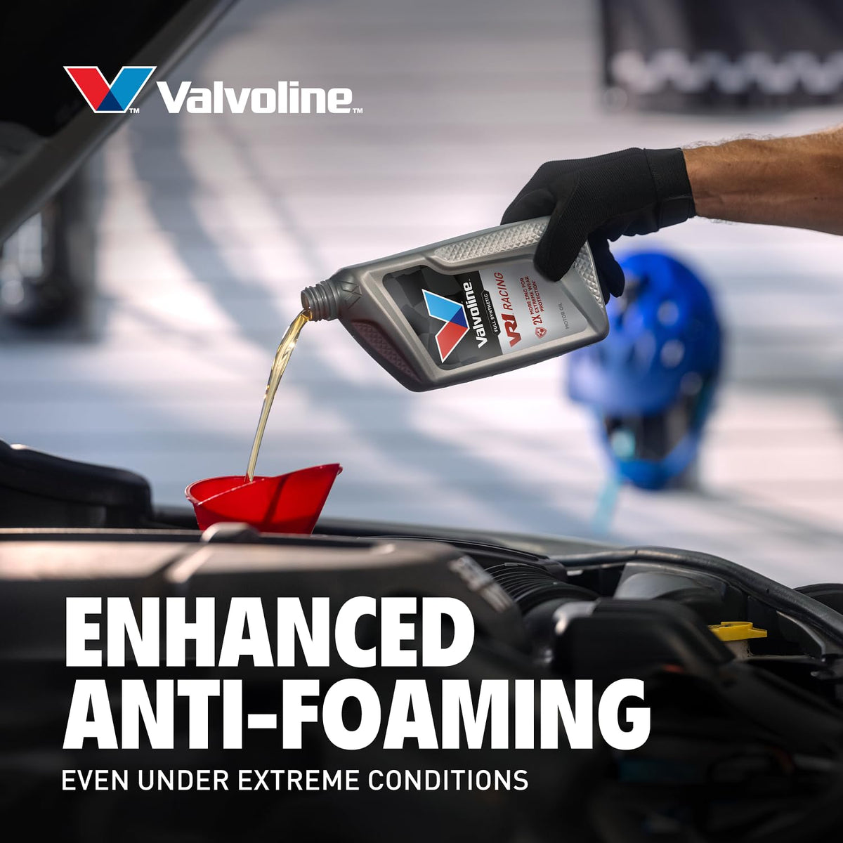 Valvoline VR1 near a race car highlighting track-focused protection and power