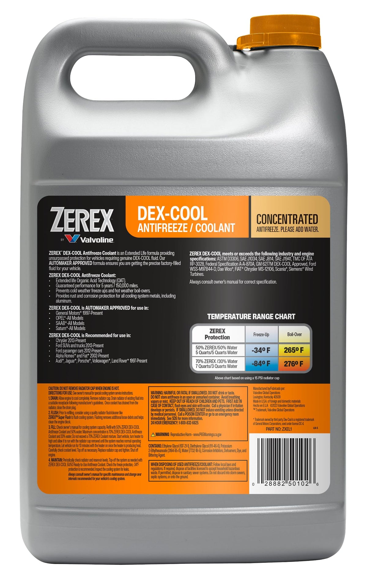 Valvoline Zerex back label with usage directions and safety information benefit