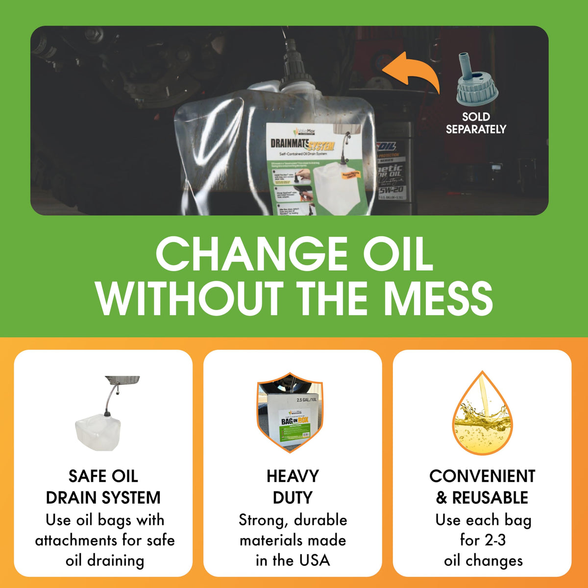 ValvoMax clear drain bag inserted into jug for neat oil capture