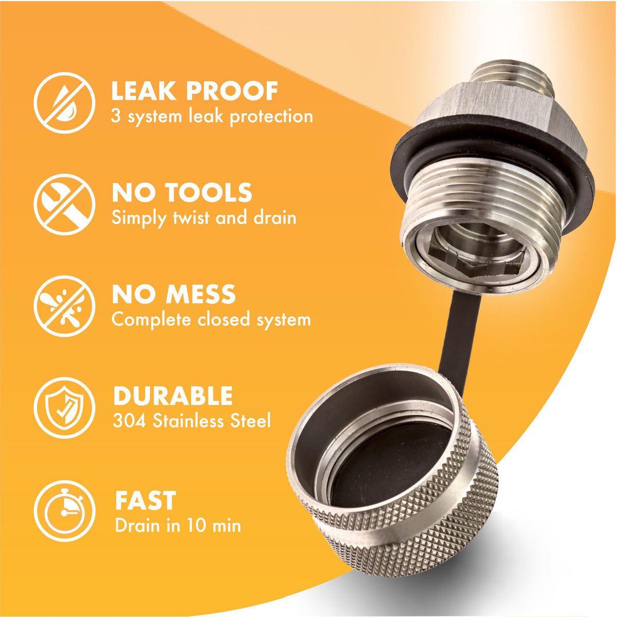 ValvoMax drain tube directing oil into pan for clean mess-free oil change