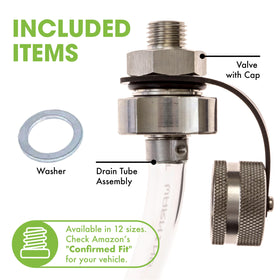 ValvoMax kit contents displayed including valve, drain tube, cap, and washer