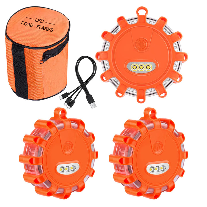 VANCLE front view of three orange LED flares showing kit contents and benefits