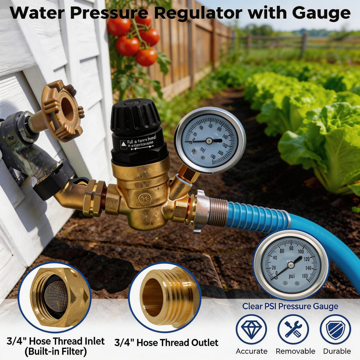 VANCOCO regulator installed on RV hose protecting onboard plumbing