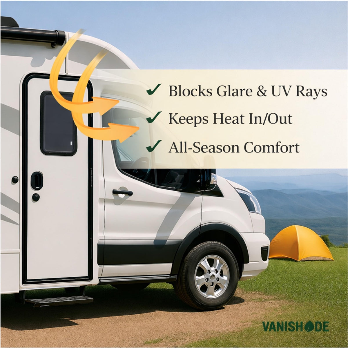 Vanishade in a camper interior providing blackout privacy and cooler cabin