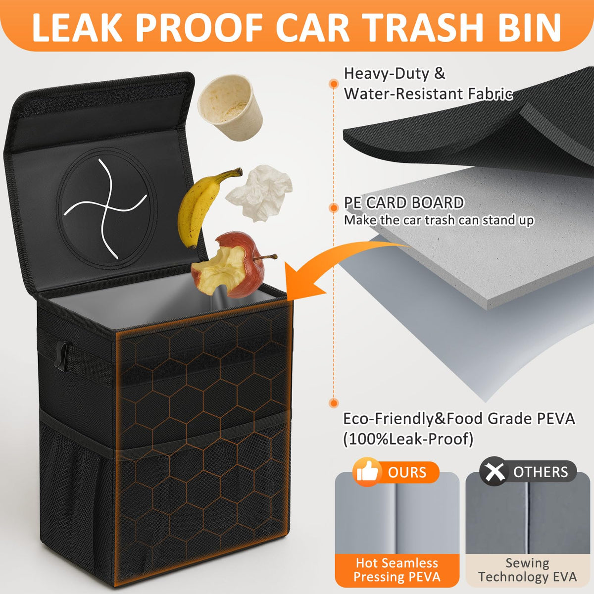 Vankor elastic mouth and side clasps detail securing liners and preventing spills