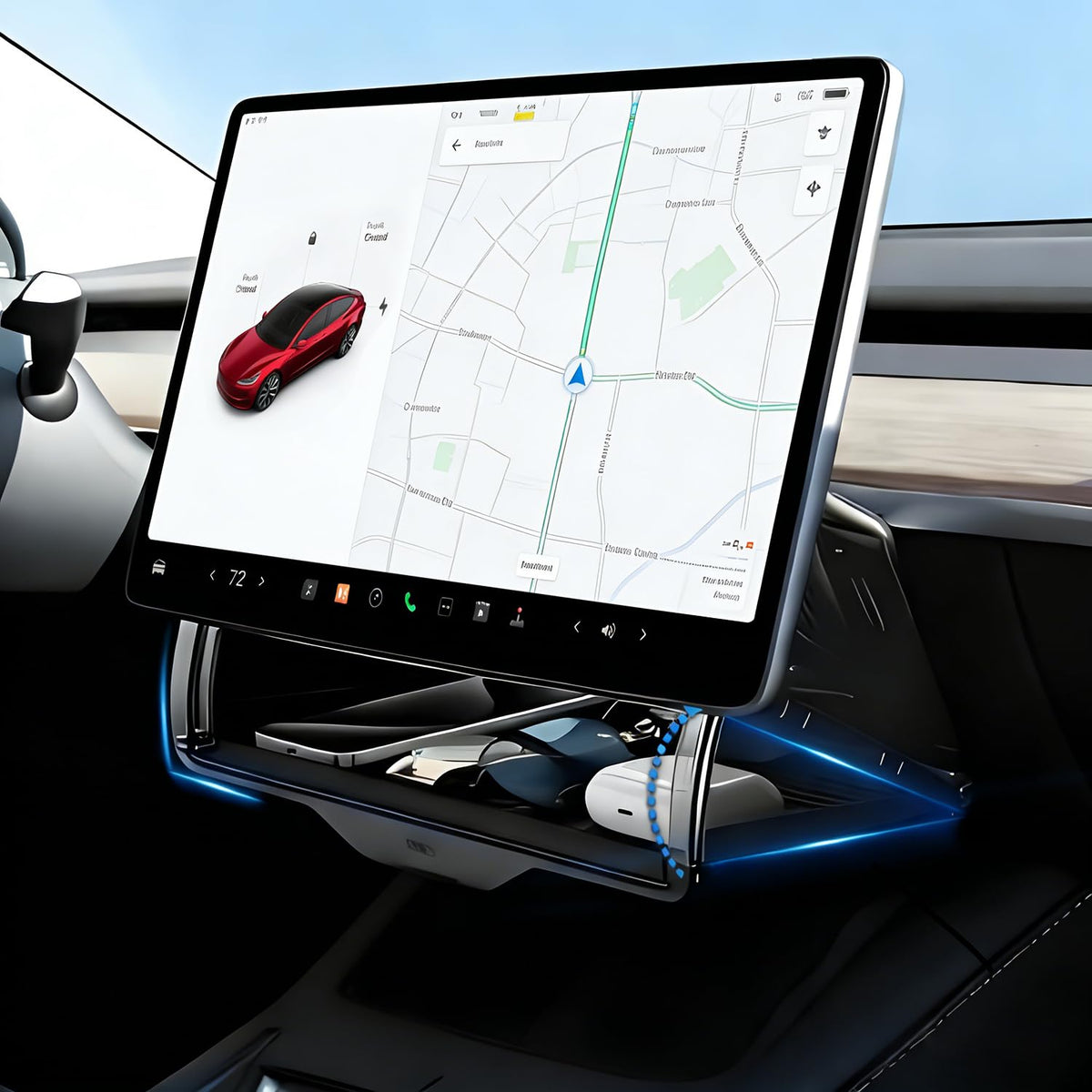 VANKUB front installed under Tesla screen showing clean integration and added storage