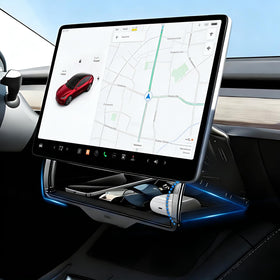 VANKUB front installed under Tesla screen showing clean integration and added storage