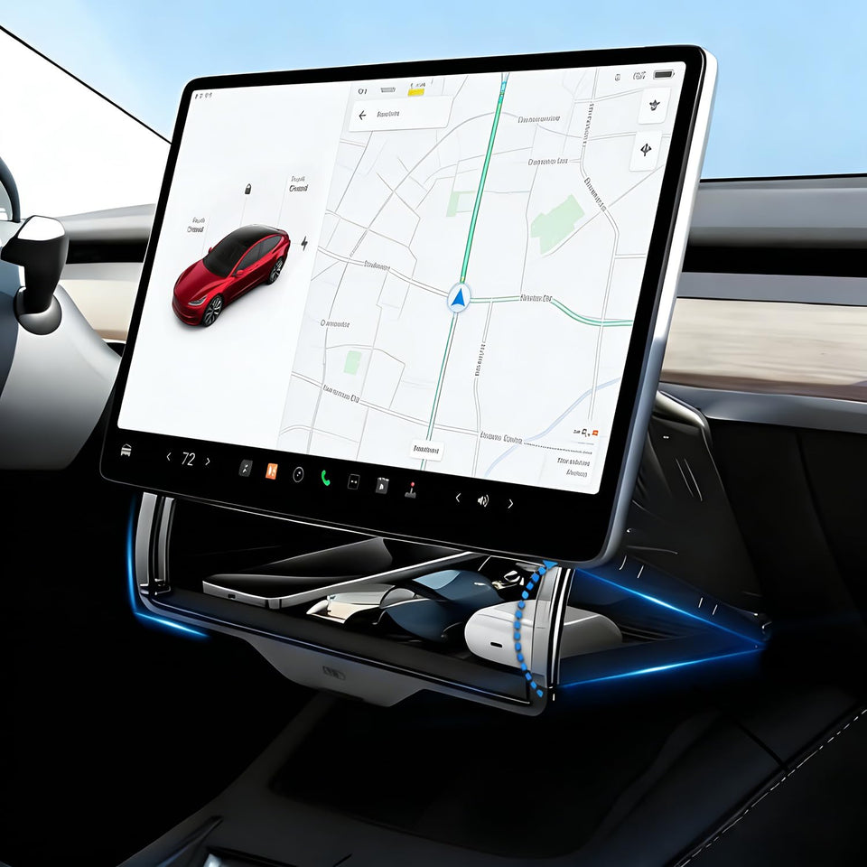 VANKUB front installed under Tesla screen showing clean integration and added storage