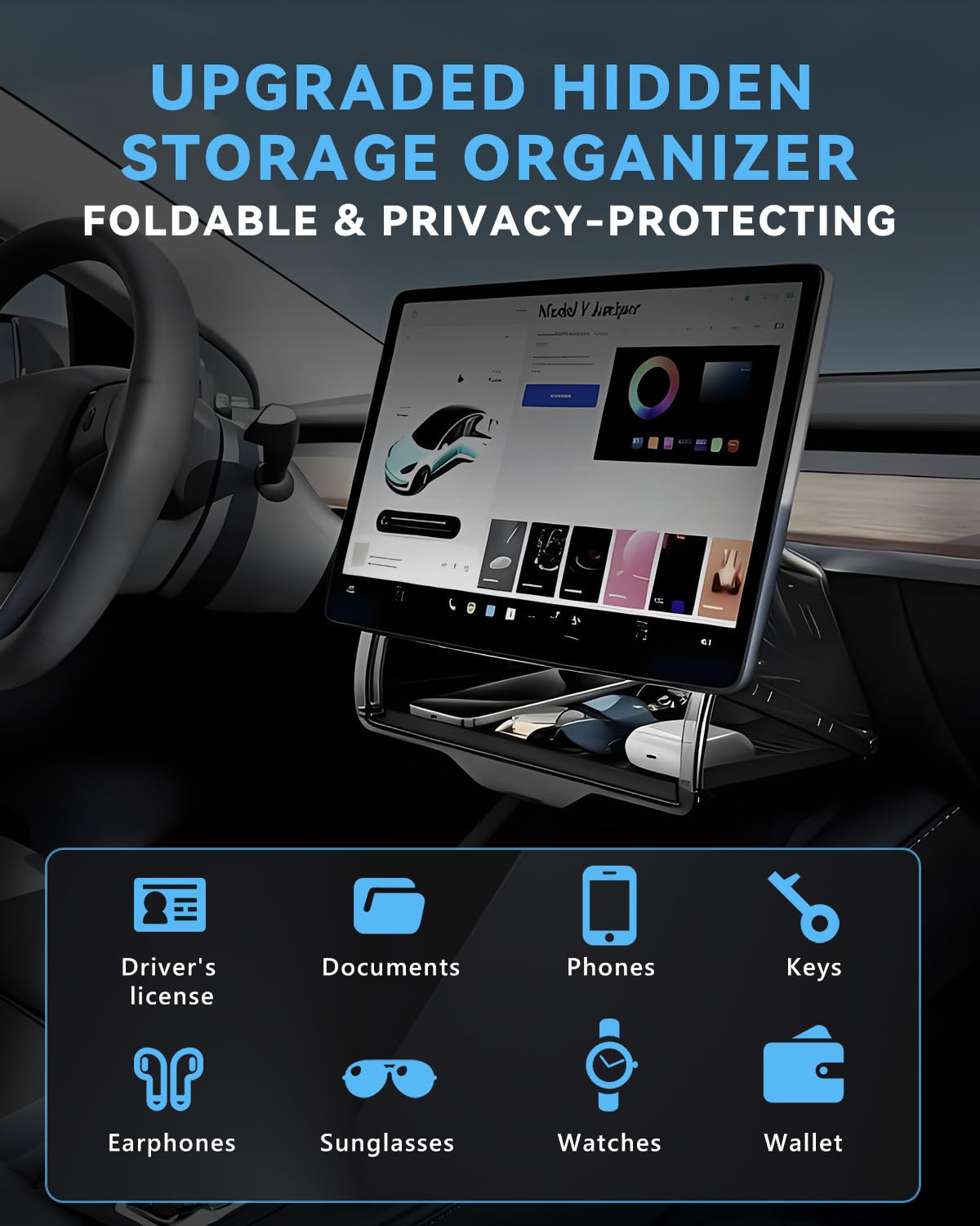 VANKUB lifestyle shot in Tesla interior showing discreet storage and tidy cabin