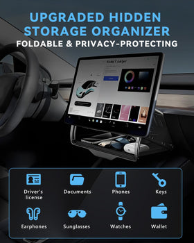 VANKUB lifestyle shot in Tesla interior showing discreet storage and tidy cabin