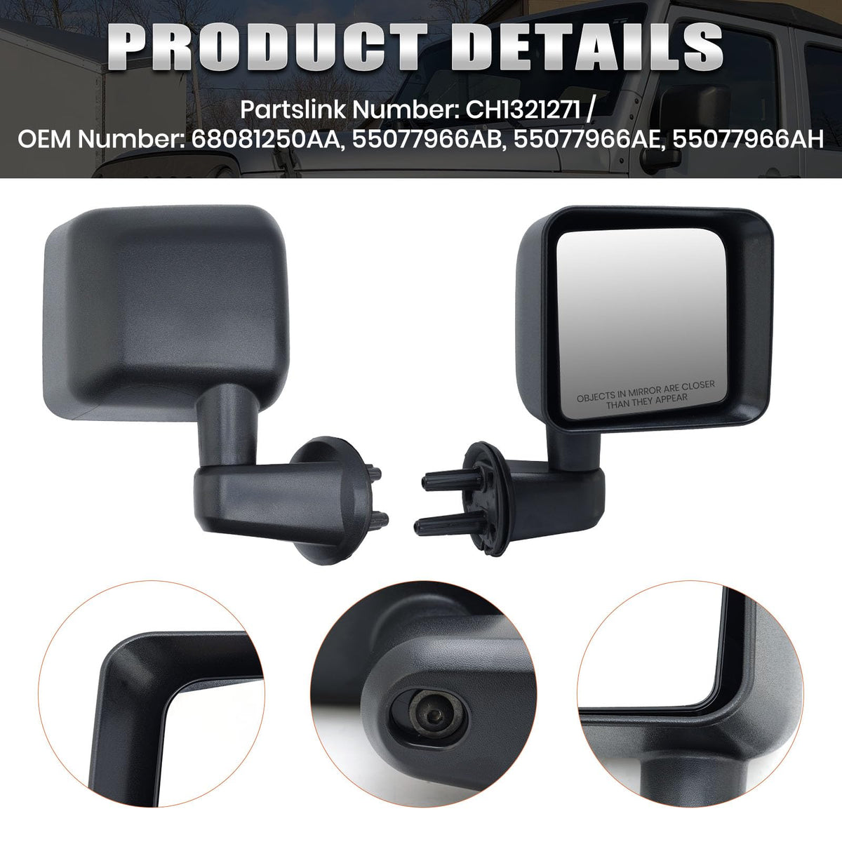 VANLOGY mirror mounted on Jeep Wrangler JK passenger side demonstrating correct fit