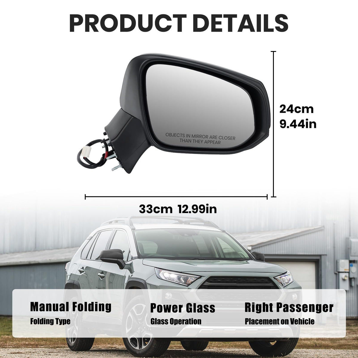 VANLOGY mirror 3-pin connector detail for direct plug-and-play compatibility