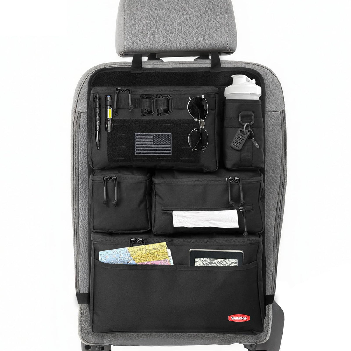 Vanlutone front view of seat organizer showing full pocket layout and accessibility