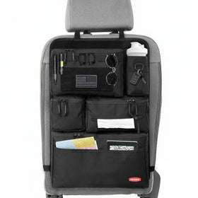 Vanlutone front view of seat organizer showing full pocket layout and accessibility