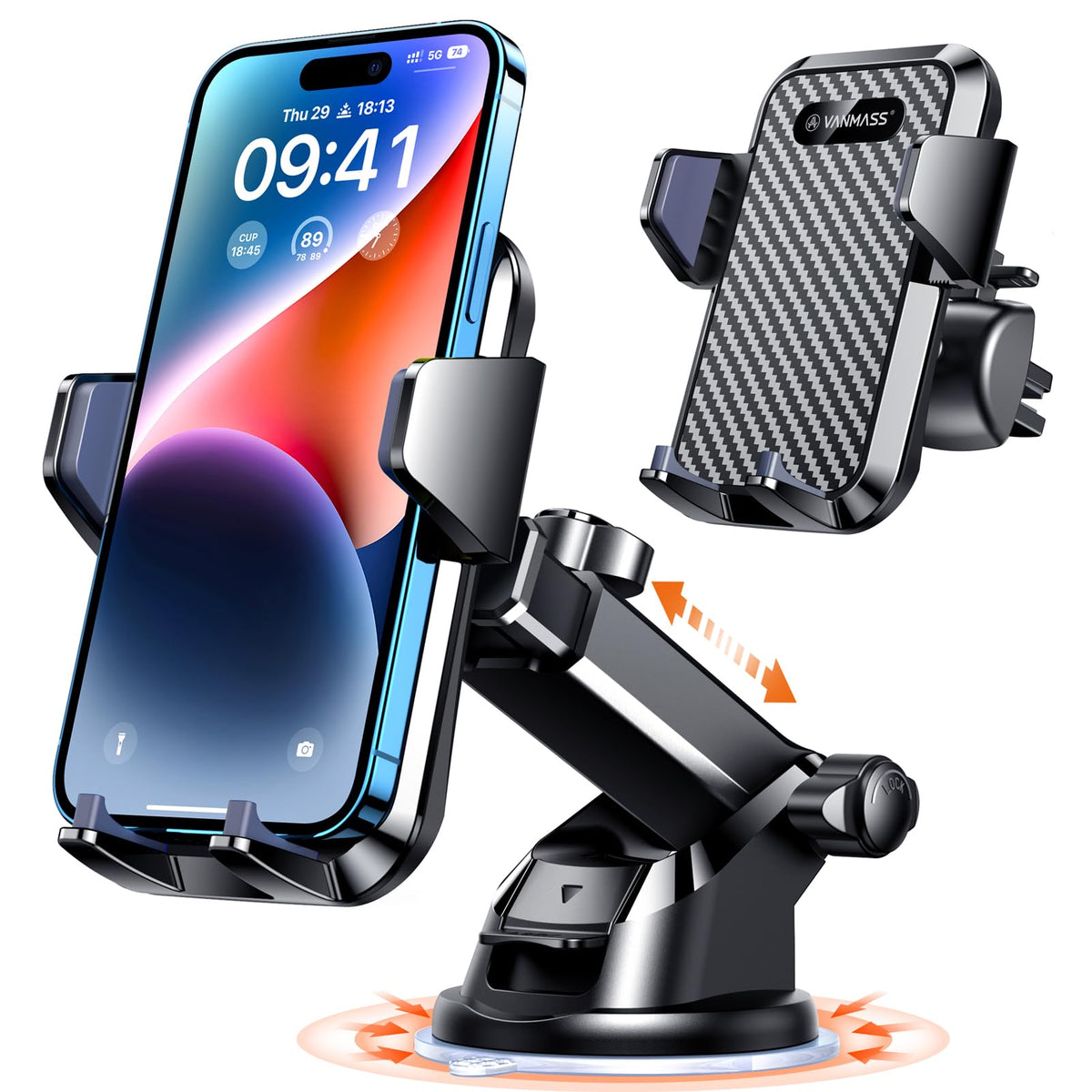 VANMASS front view showing suction base and phone cradle for secure driving