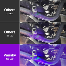 Vansky flashlight in use inside car engine bay locating fluorescent leak trails
