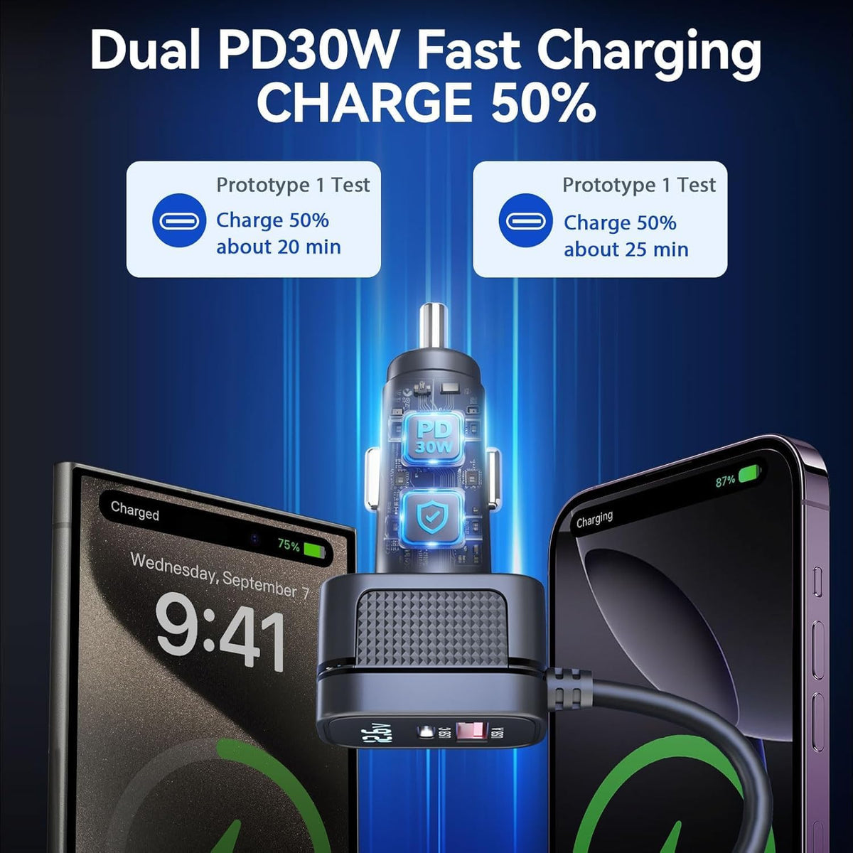 vansoet detail of USB-C PD and QC3.0 USB-A ports for fast charging