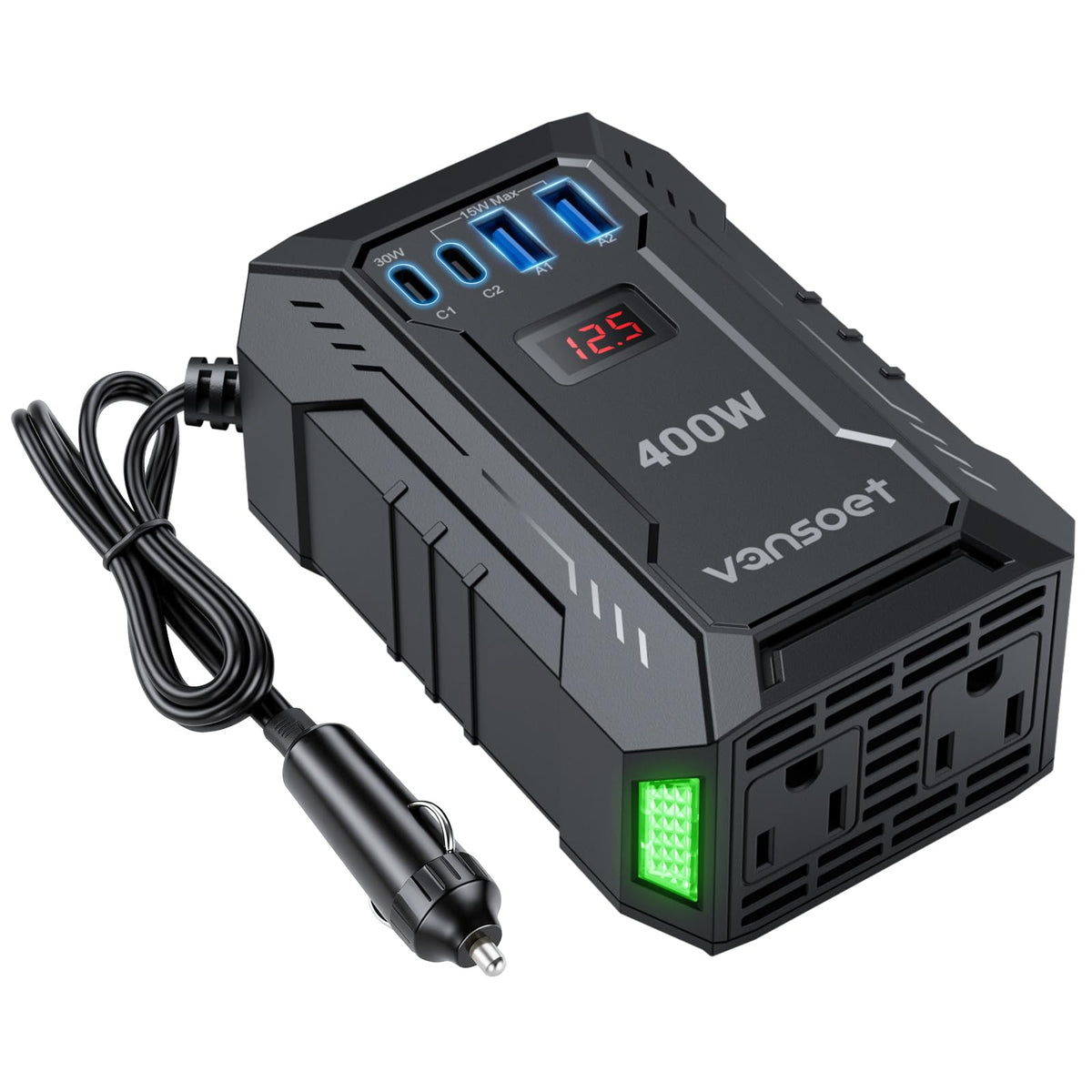 vansoet front panel showing AC outlets and USB ports for versatile charging