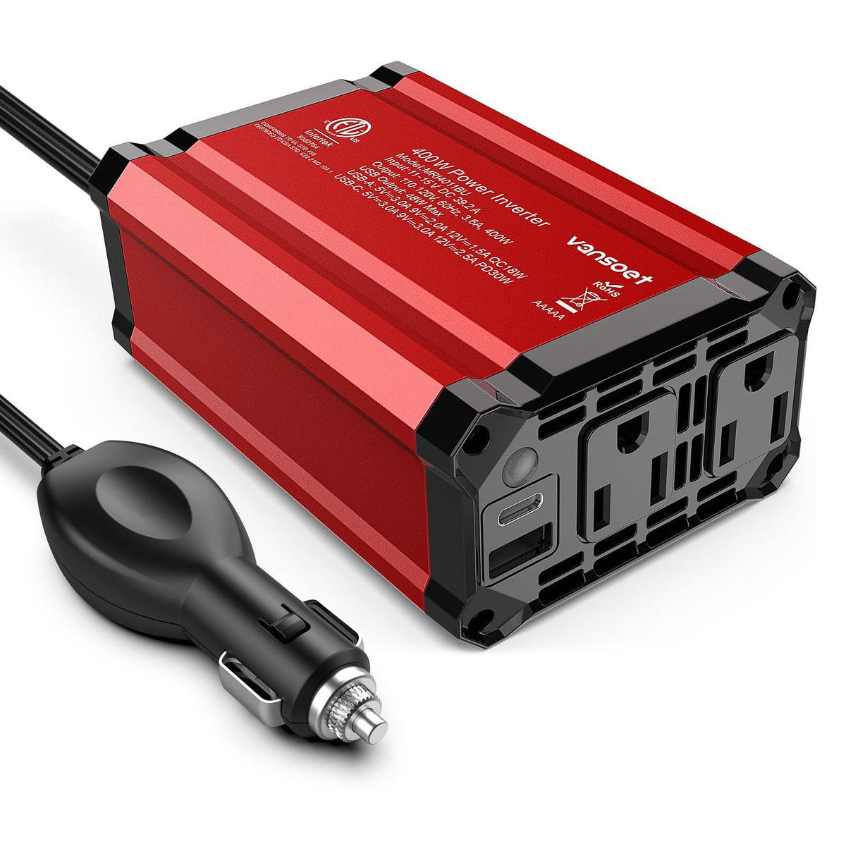 vansoet front view showing dual AC outlets and compact form for convenient power