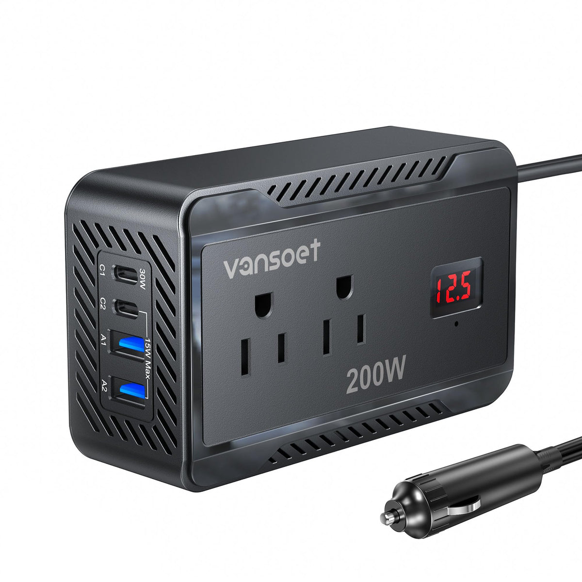 vansoet front view showing AC and USB ports, quick multi-device charging