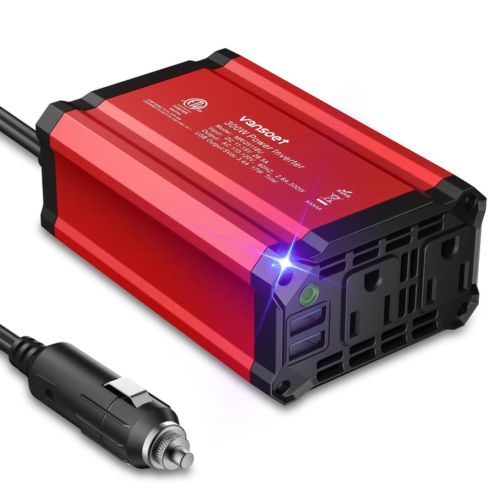 vansoet front view of red inverter showing outlets and ports for easy placement