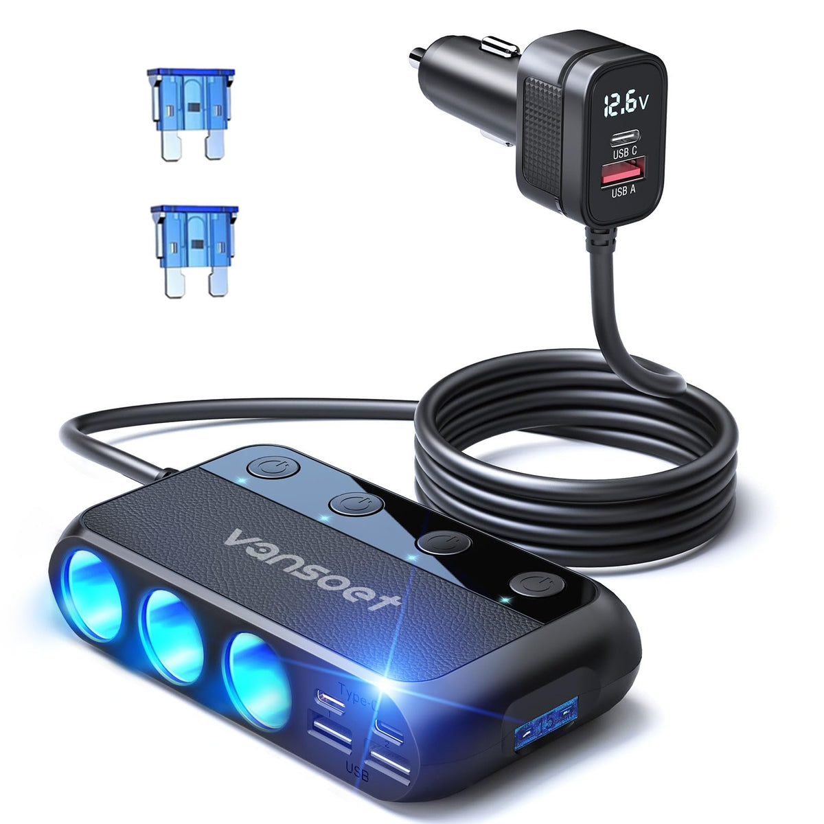 vansoet front view showing sockets and USB ports for versatile charging