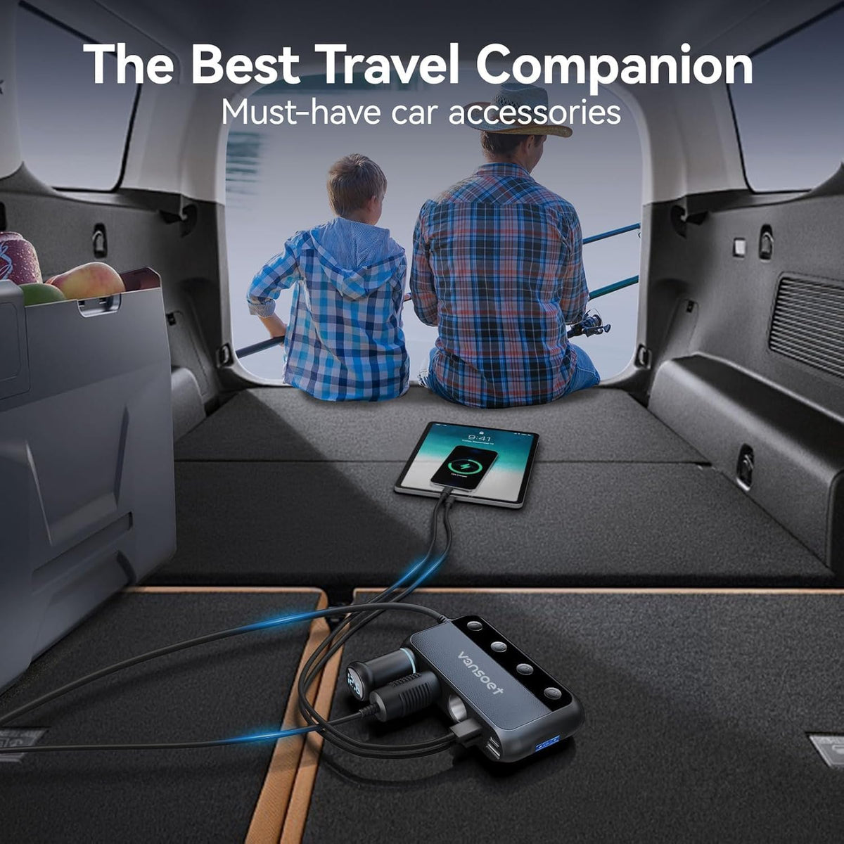 vansoet in-car setup powering backseat devices for passenger convenience