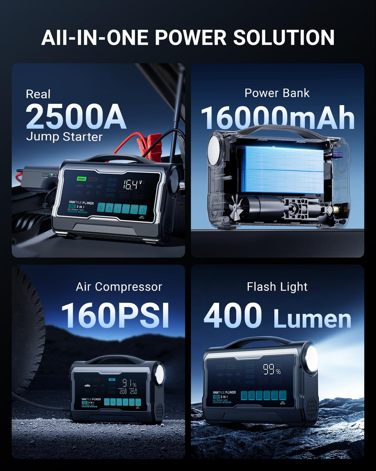 VANTRUE POWER JS2 close-up of 9-inch display showing battery and pressure readouts for clear monitoring