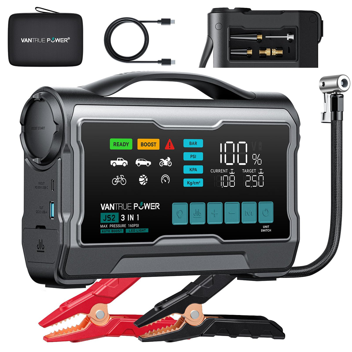 VANTRUE POWER JS2 front view showing compact all-in-one unit and handle for easy transport