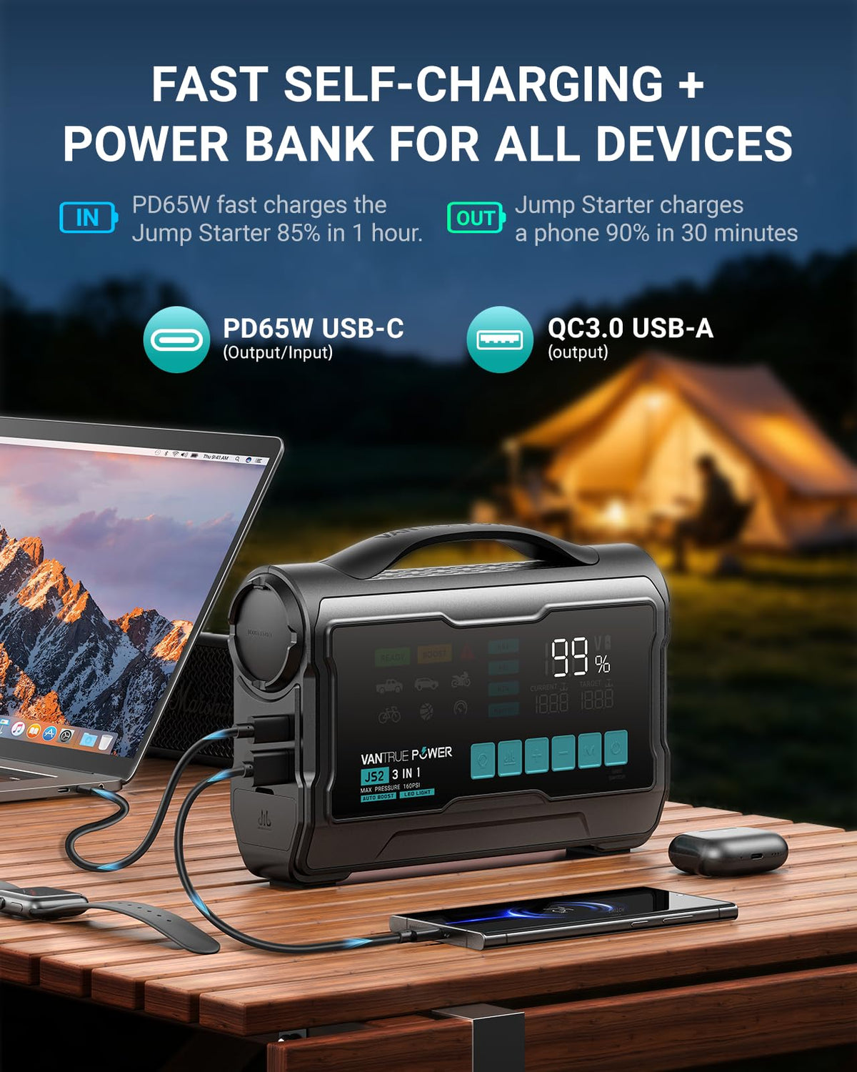 VANTRUE POWER JS2 built-in compartment with five nozzles neatly stored for organized portability