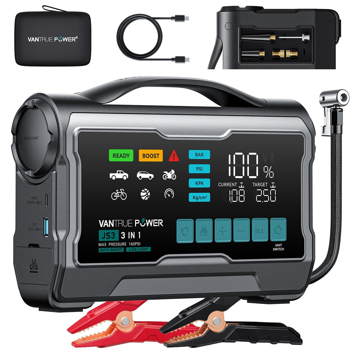 VANTRUE POWER front view showing compact jump starter and controls for quick access