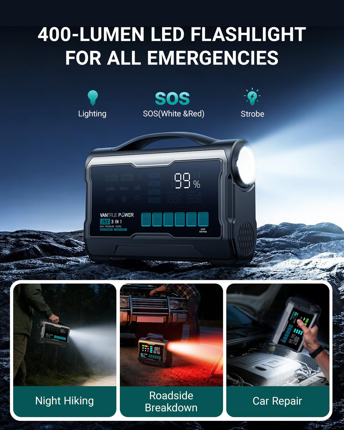 VANTRUE POWER ports and 400-lumen LED light showing PD charging and emergency illumination