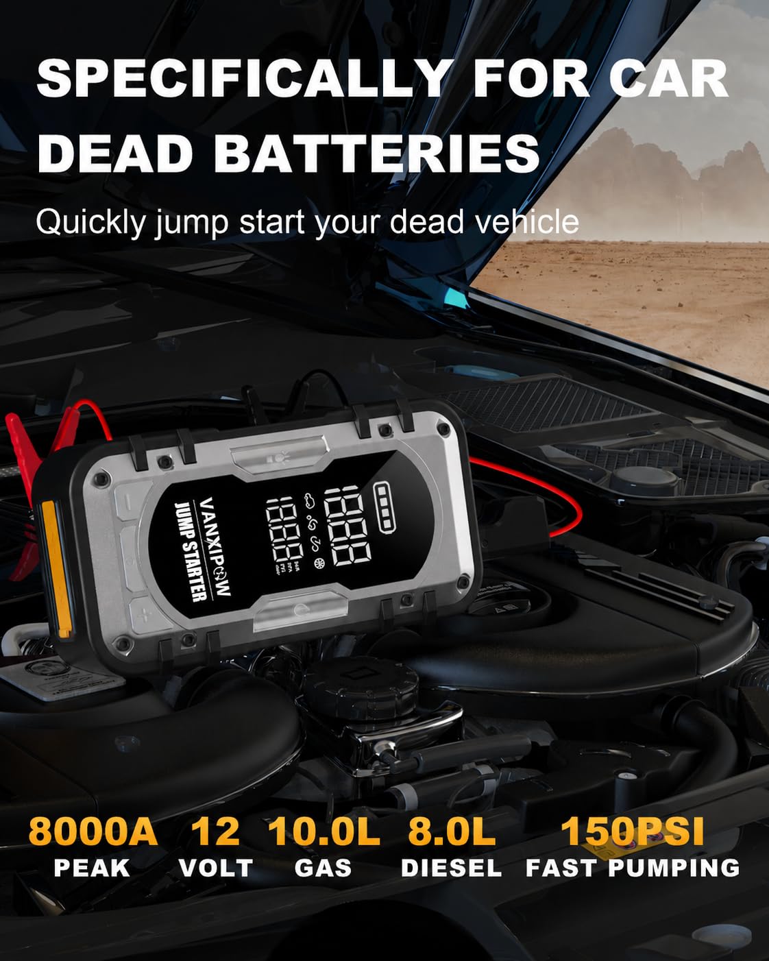 VANXIPOW large digital display closeup showing pressure and battery level for clarity